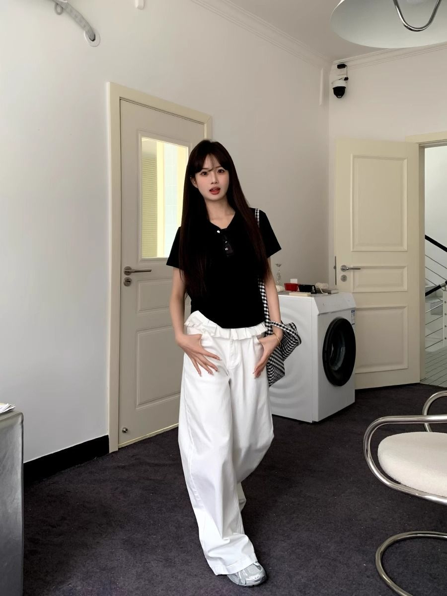 Women’s Wide Leg Jeans with Lace Trim and High Waist Fit