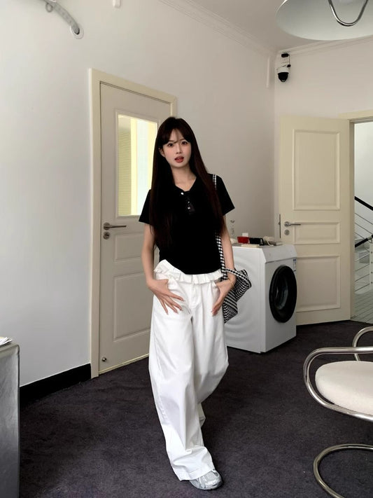 Women’s Wide Leg Jeans with Lace Trim and High Waist Fit