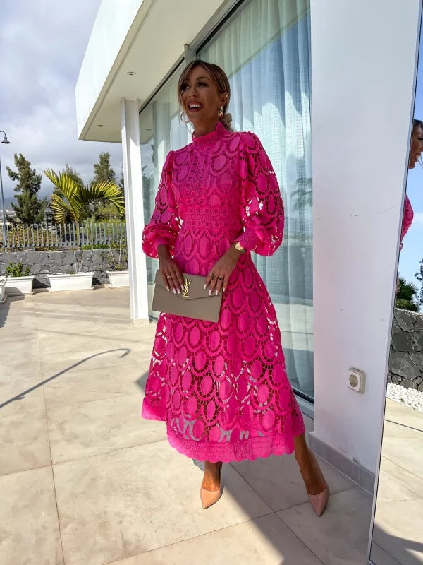 Women's Elegant Lace Midi Dress with Long Sleeves