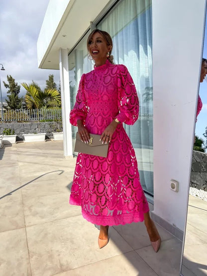 Women's Elegant Lace Midi Dress with Long Sleeves