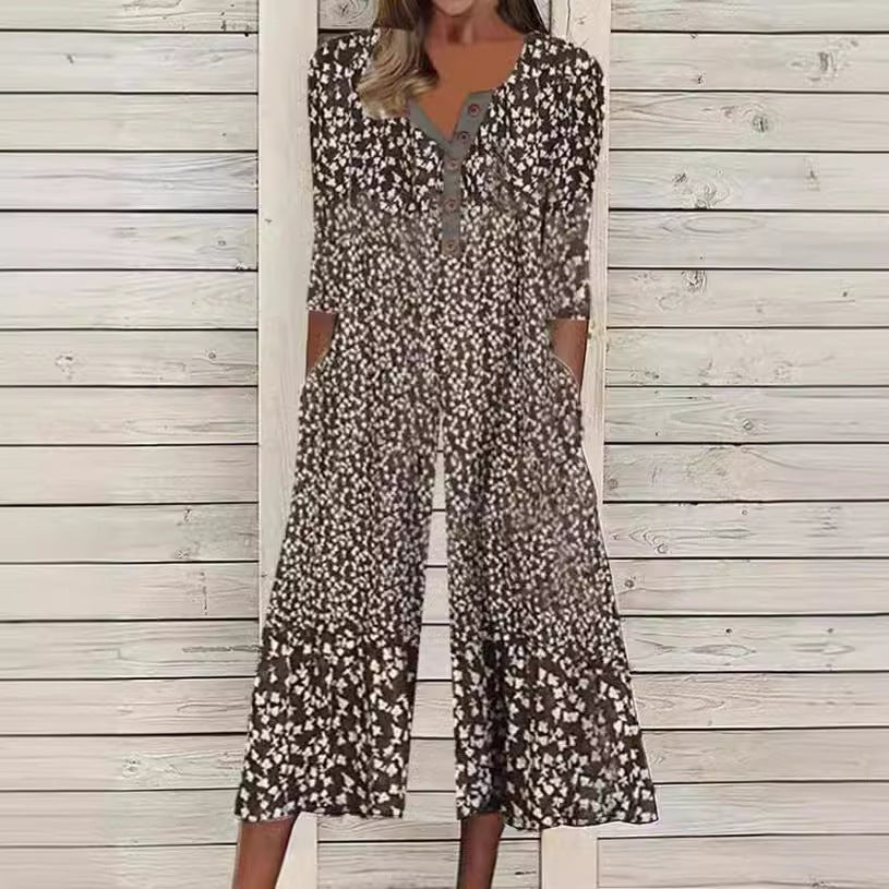 Women’s Printed Wide Leg Jumpsuit with V Neck
