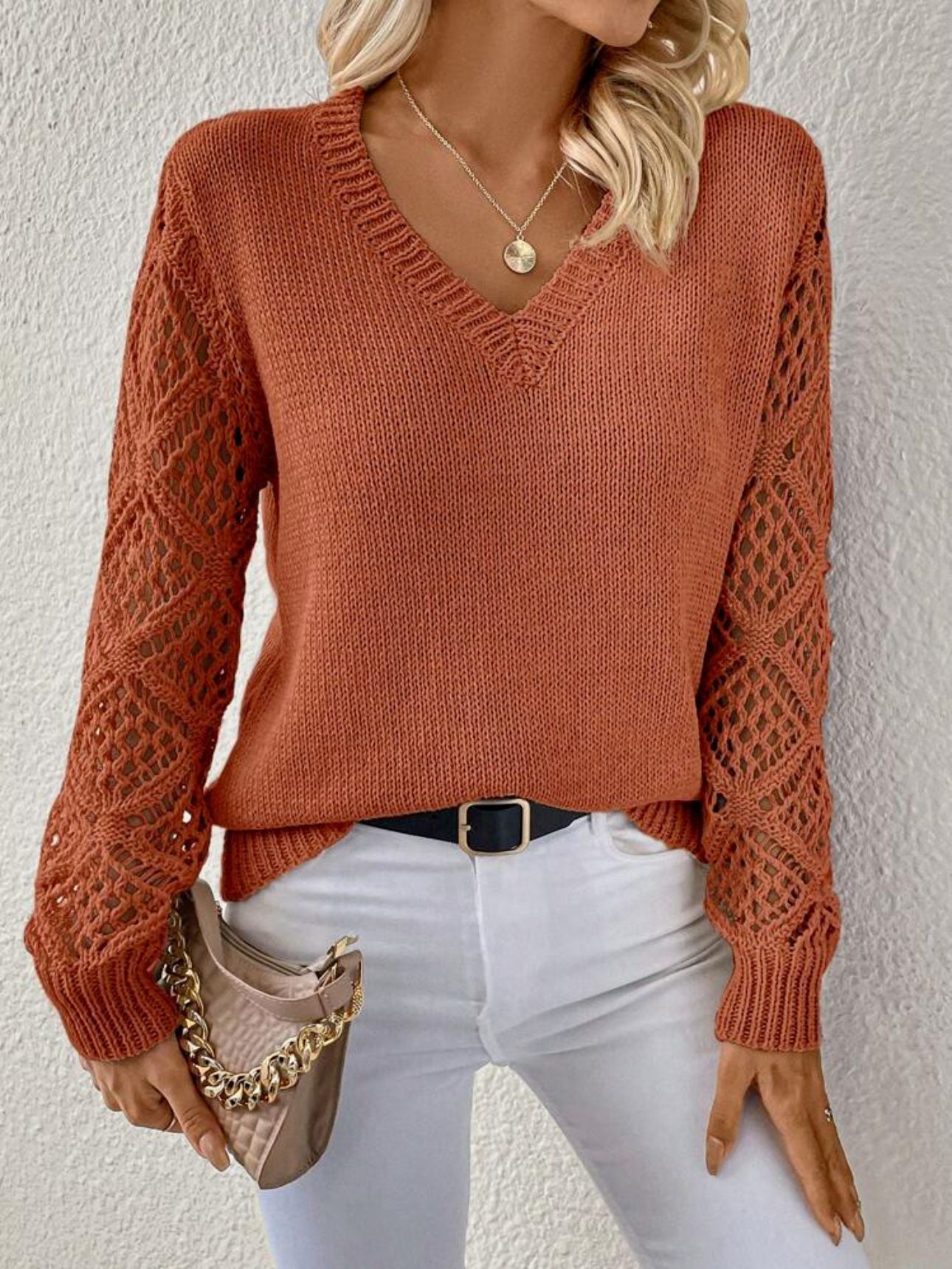 Women's V-Neck Knit Sweater Relaxed Fit Soft Warm Casual Winter Top