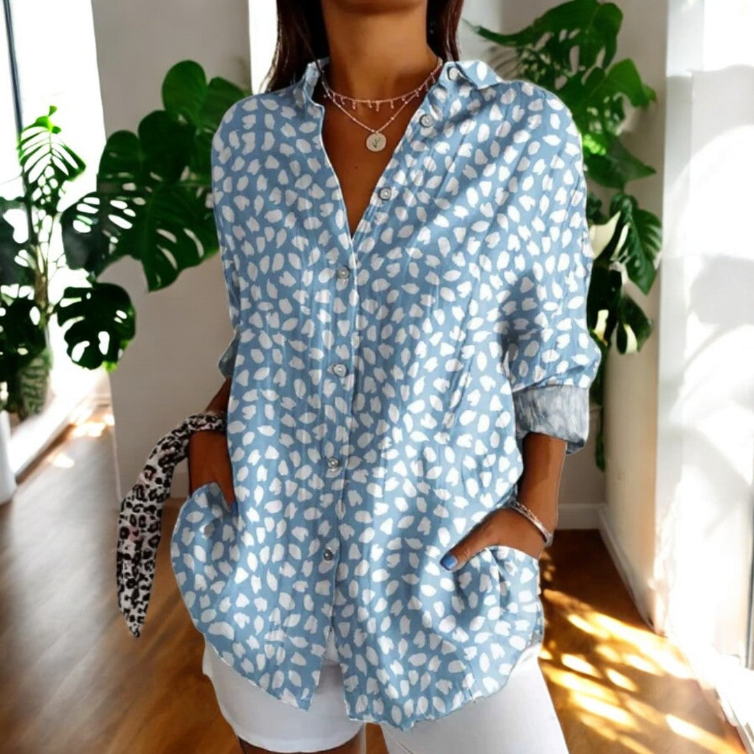 Women's V-Neck Button Blouse  Elegant Relaxed Fit Lightweight Work Shirt