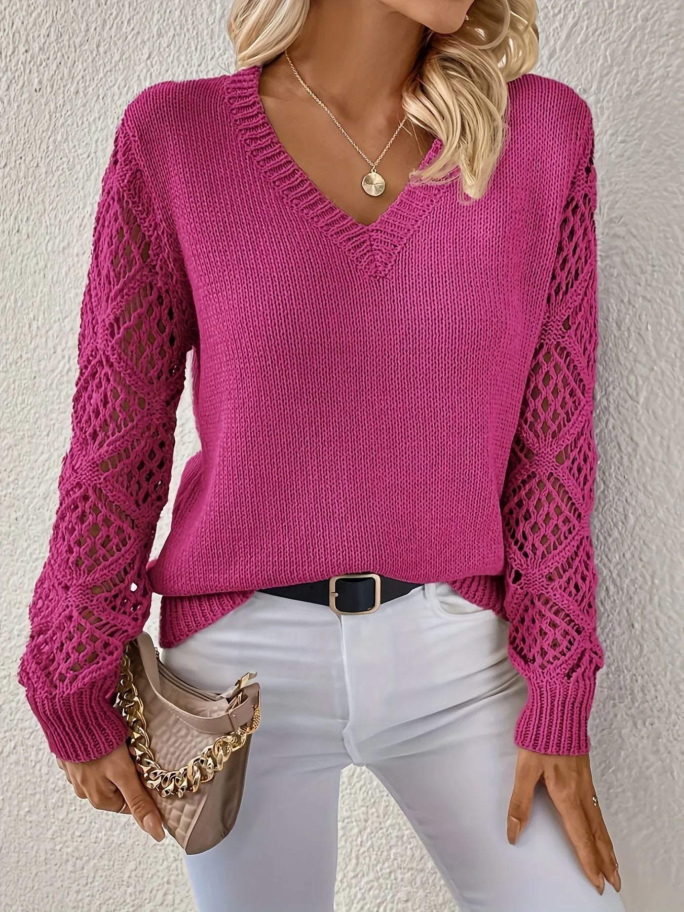 Women's V-Neck Knit Sweater Relaxed Fit Soft Warm Casual Winter Top