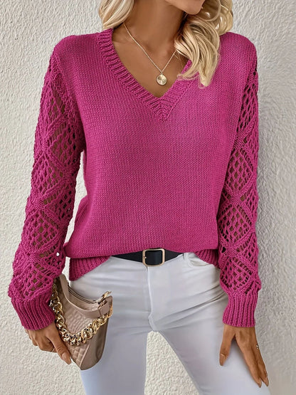 Women's V-Neck Knit Sweater Relaxed Fit Soft Warm Casual Winter Top