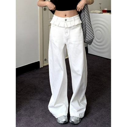 Women’s Wide Leg Jeans with Lace Trim and High Waist Fit