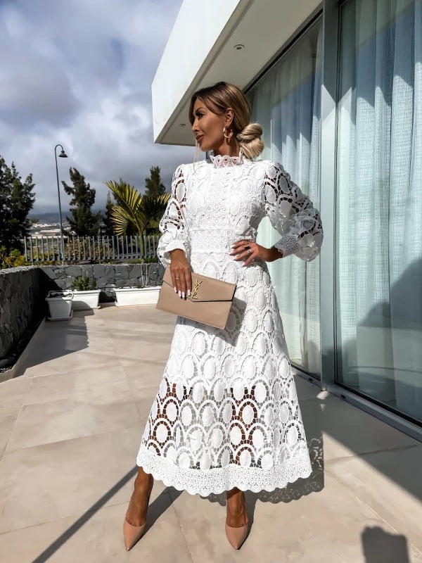 Women's Elegant Lace Midi Dress with Long Sleeves