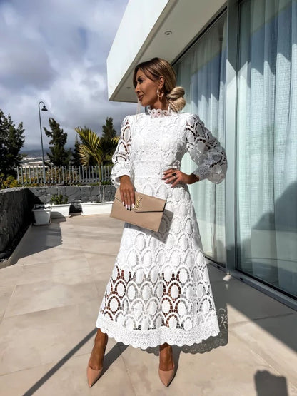 Women's Elegant Lace Midi Dress with Long Sleeves