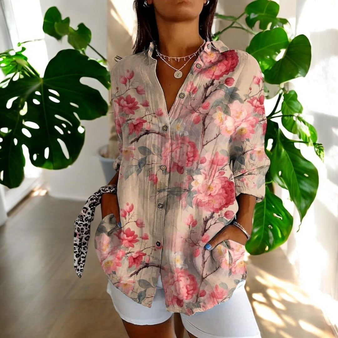 Women's V-Neck Button Blouse  Elegant Relaxed Fit Lightweight Work Shirt