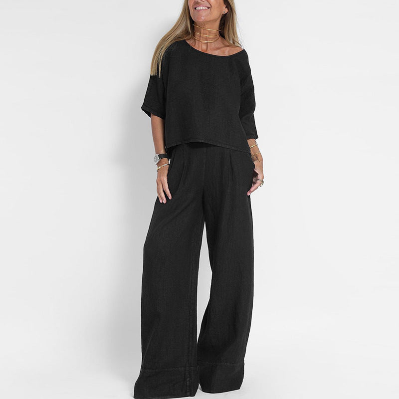 Women's Loose Fit Matching Set with Short Sleeve Top and Wide Leg Pants