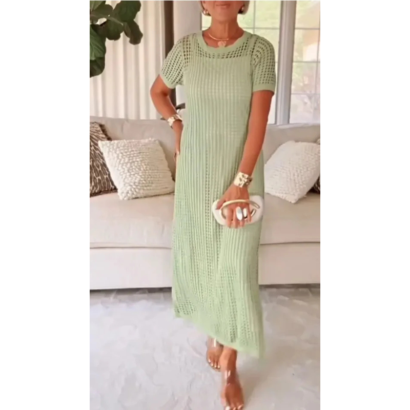 Women’s Sheer Knit Maxi Dress with Relaxed Fit and Short Sleeves