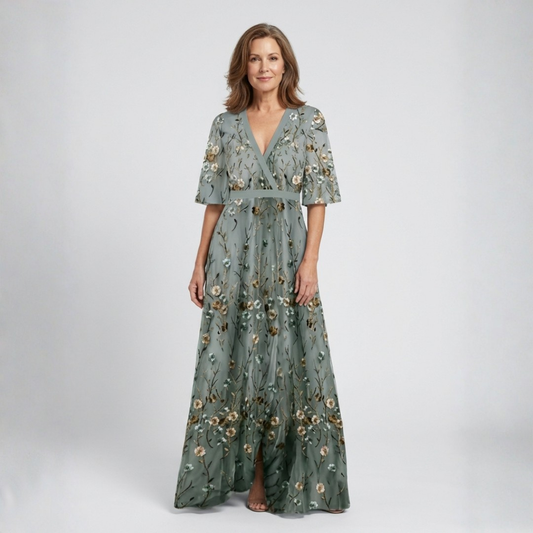 Women's Floral Maxi Dress with V-Neck and Sheer Sleeves