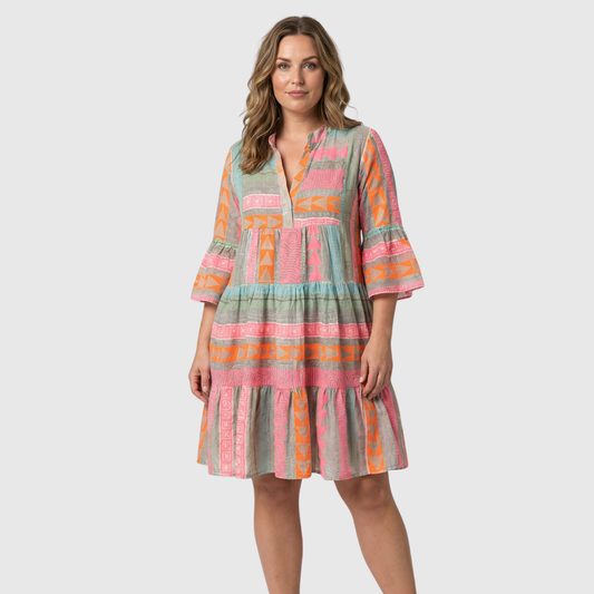 Women's Geometric Print Loose Fit Midi Dress with V-Neck