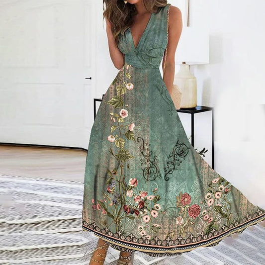 Women’s Floral Sleeveless V Neck Elegant Flowing Maxi Dress