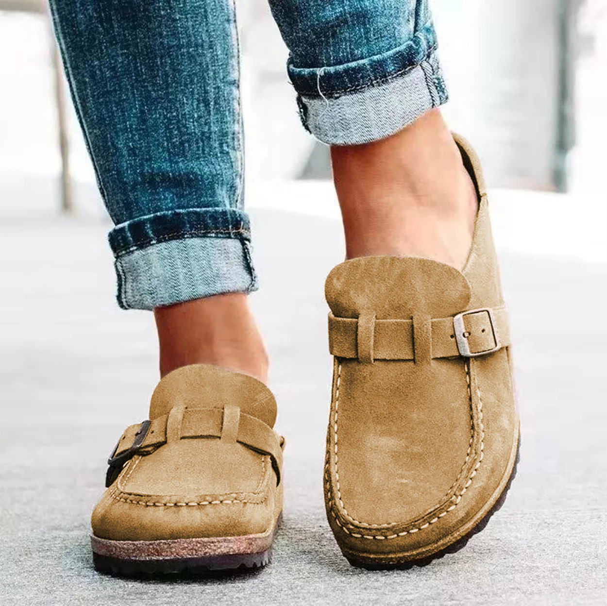 Women’s Orthopedic Slip-On Moccasins with Cushioned Insole and Buckle Detail