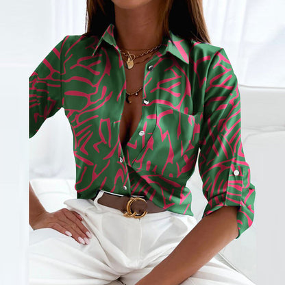 Women's Printed V-Neck Collared Blouse Relaxed Fit Lightweight Elegant Casual Top