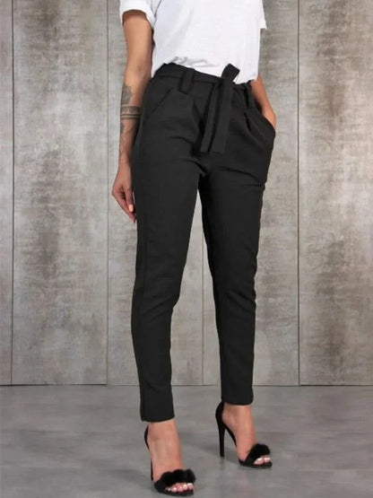 Women’s High Waist Slim Fit Pants with Tie Waist and Tapered Leg