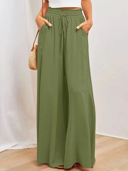 Women’s High Waist Wide Leg Pants with Drawstring and Flowing Fit
