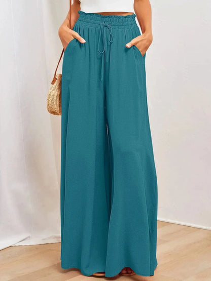 Women’s High Waist Wide Leg Pants with Drawstring and Flowing Fit