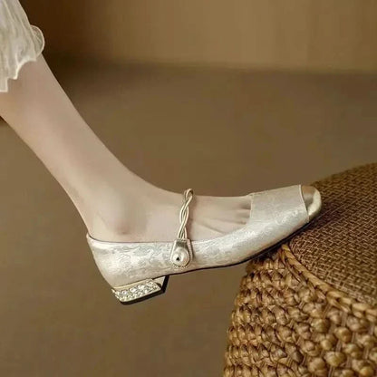 Women’s Mary Jane Flats with Pearl Strap and Metallic Toe Cap