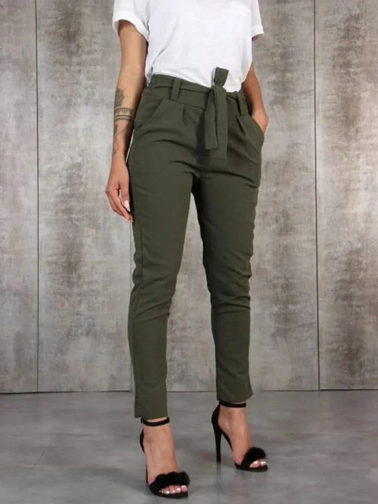 Women’s High Waist Slim Fit Pants with Tie Waist and Tapered Leg