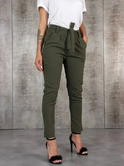 Women’s High Waist Slim Fit Pants with Tie Waist and Tapered Leg