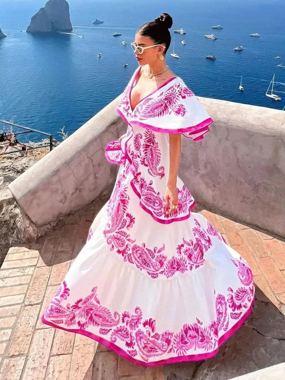 Women’s Floral Ruffle V Neck Elegant Flowing Maxi Dress