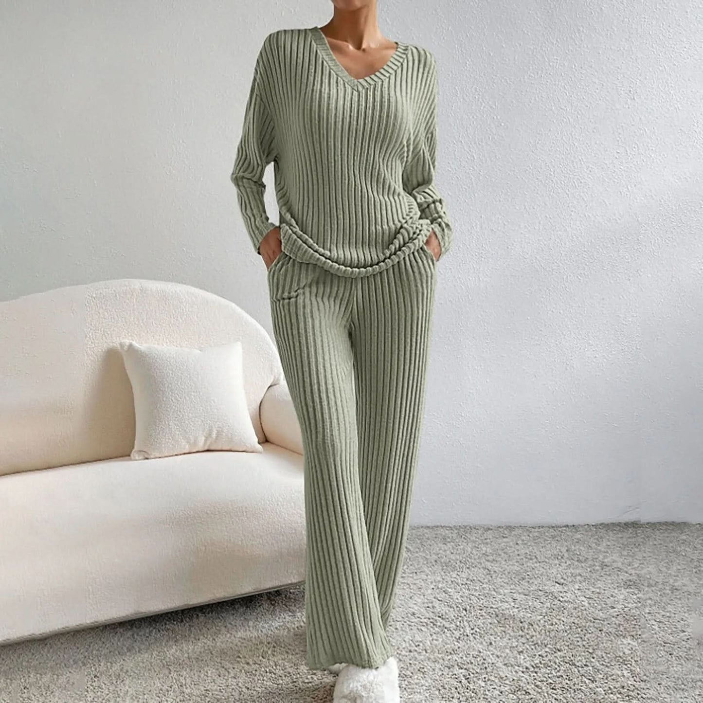 Women's Ribbed Knit Two Piece Set with Long Sleeve Top and Pants