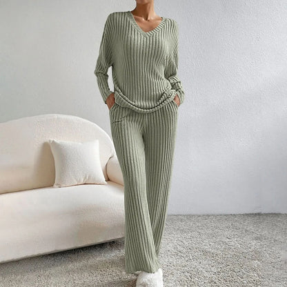 Women's Ribbed Knit Two Piece Set with Long Sleeve Top and Pants