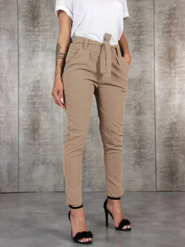 Women’s High Waist Slim Fit Pants with Tie Waist and Tapered Leg