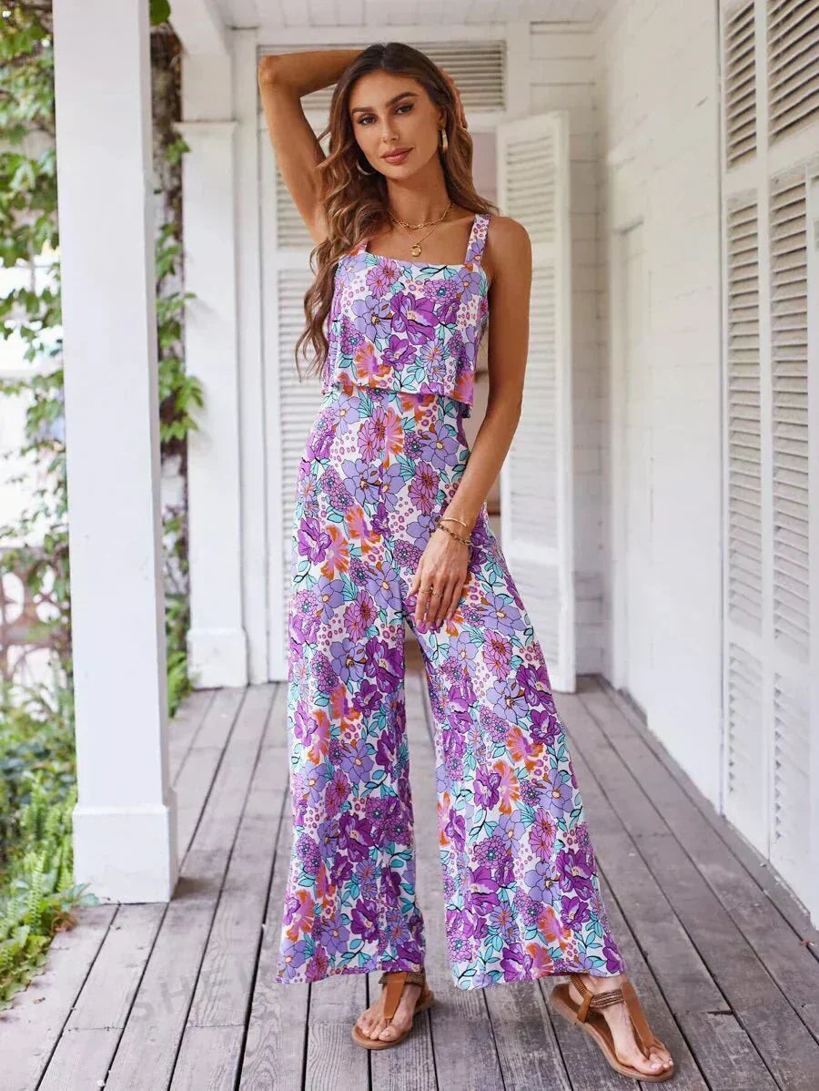 Women’s Floral Wide Leg Jumpsuit with Backless Design