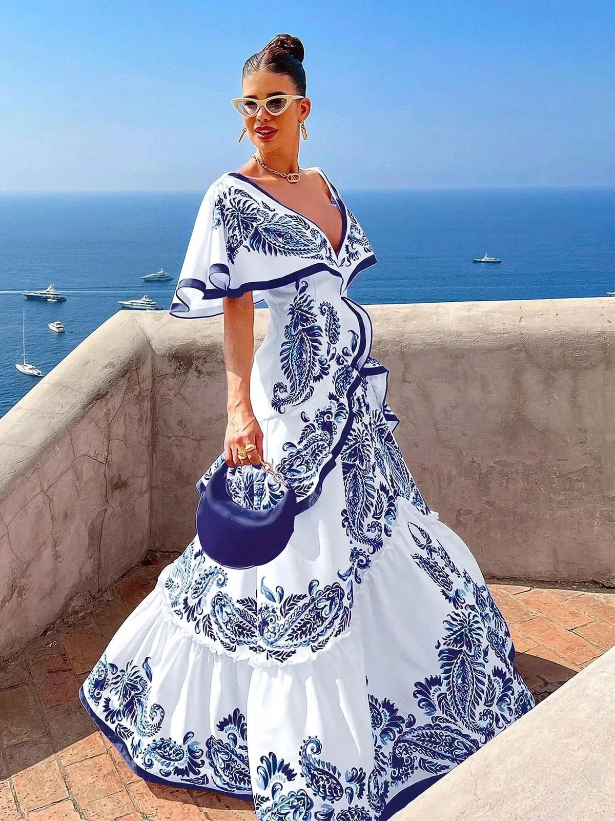 Women’s Floral Ruffle V Neck Elegant Flowing Maxi Dress