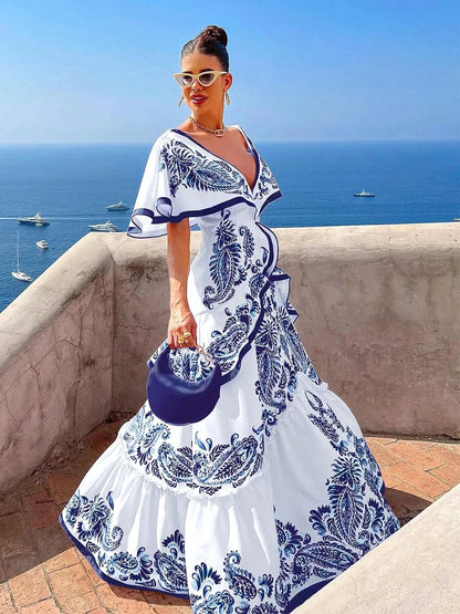 Women’s Floral Ruffle V Neck Elegant Flowing Maxi Dress