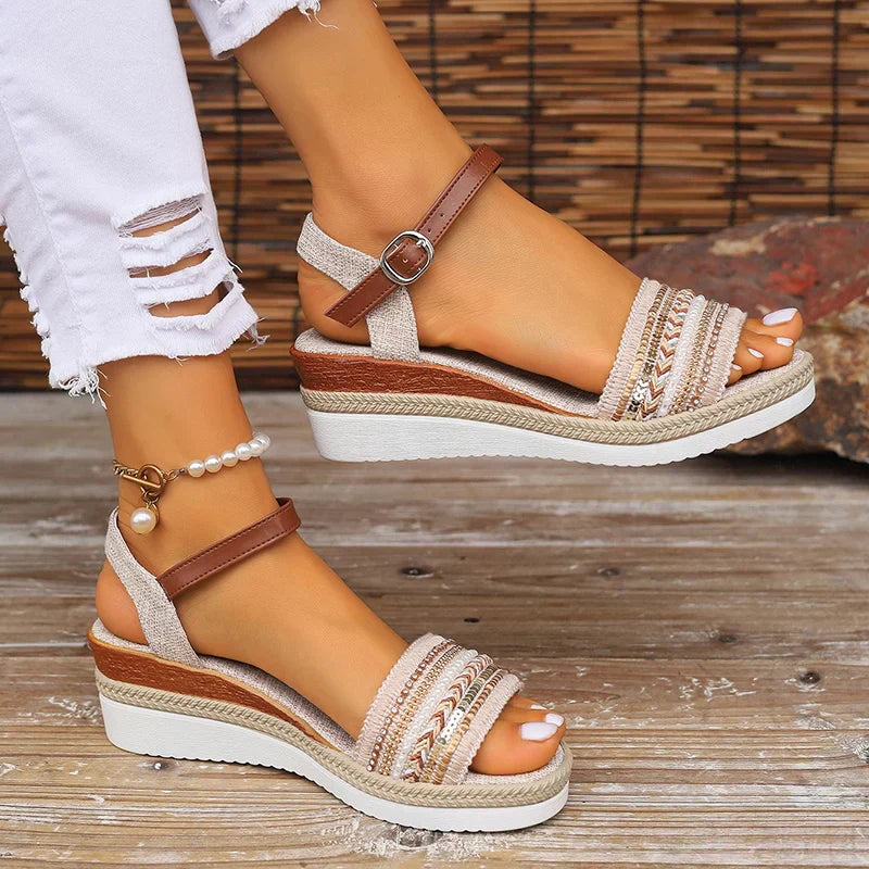Women’s Boho Wedge Sandals with Beaded Straps and Ankle Closure