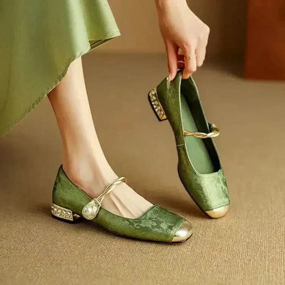 Women’s Mary Jane Flats with Pearl Strap and Metallic Toe Cap