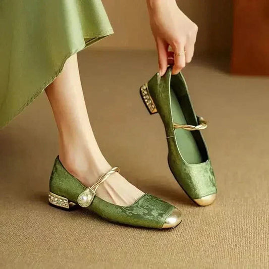 Women’s Mary Jane Flats with Pearl Strap and Metallic Toe Cap