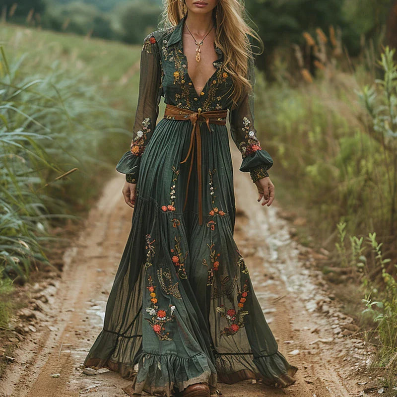 Women’s Embroidered Boho Maxi Dress with Long Sleeves and Tie Waist