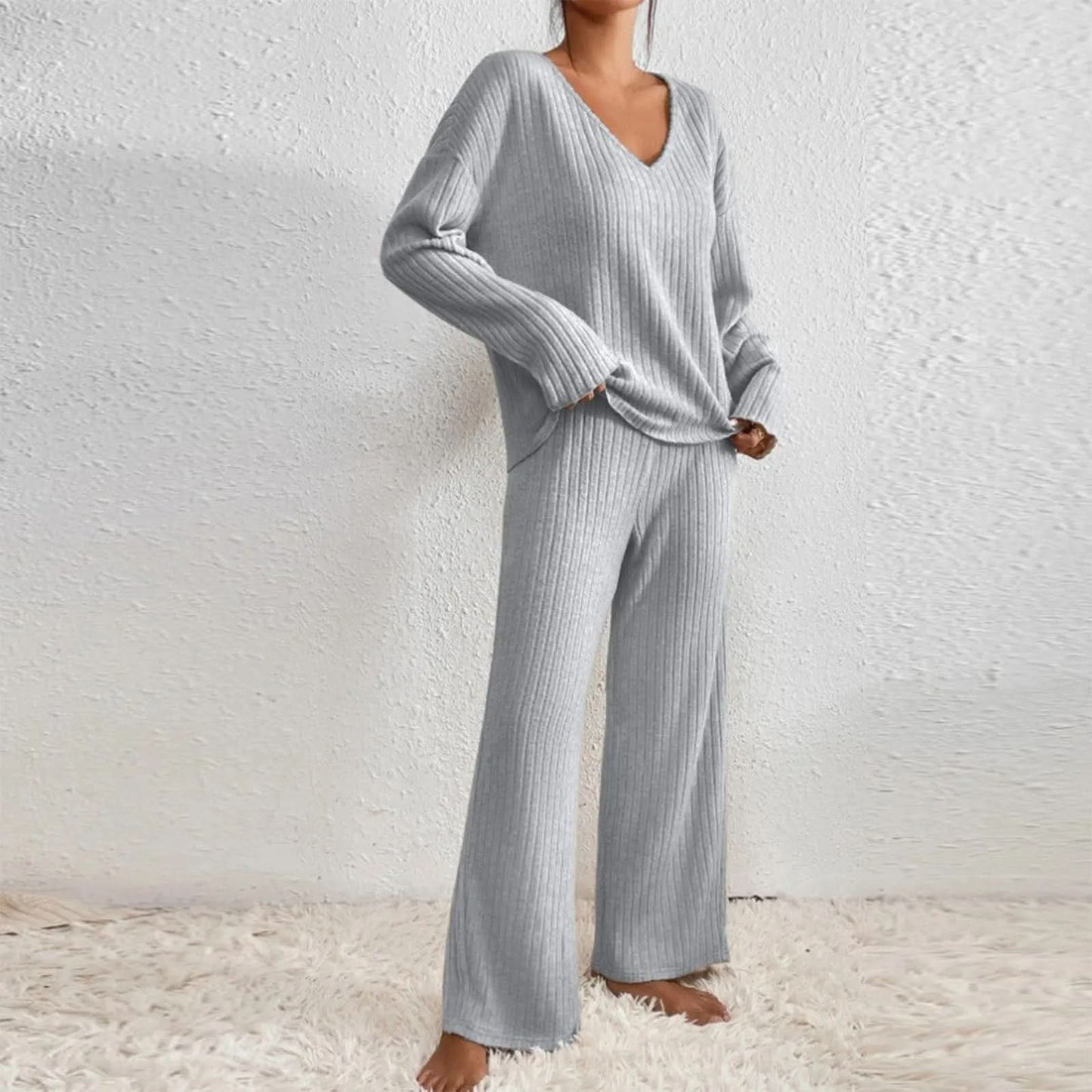 Women's Ribbed Knit Two Piece Set with Long Sleeve Top and Pants