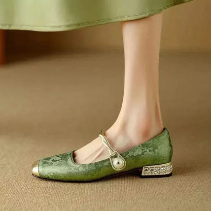 Women’s Mary Jane Flats with Pearl Strap and Metallic Toe Cap