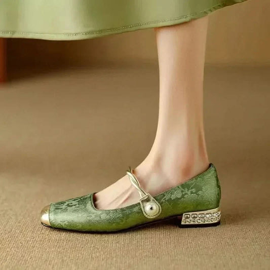 Women’s Mary Jane Flats with Pearl Strap and Metallic Toe Cap