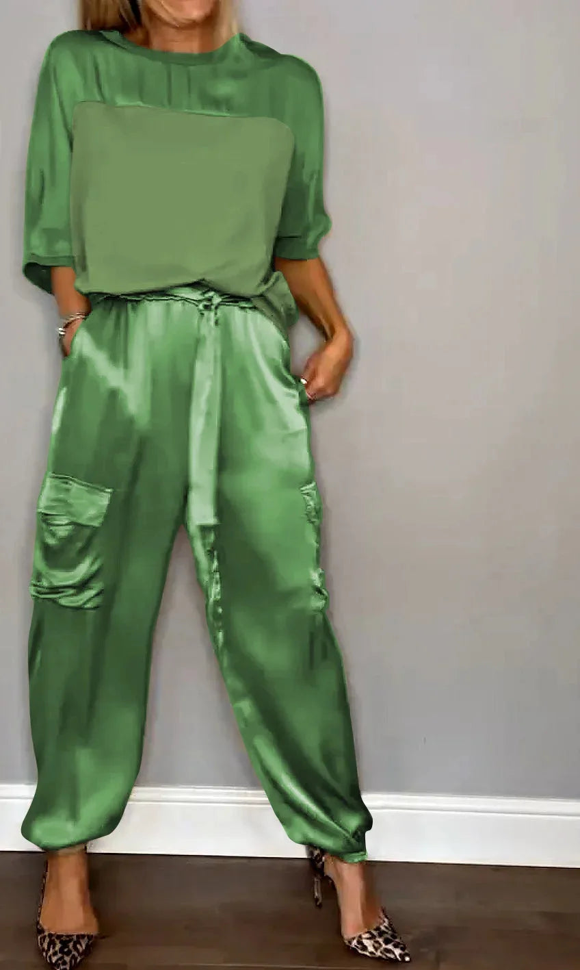 Women's Satin Two Piece Set with Loose Top and Cargo Pants Elegant Casual Outfit