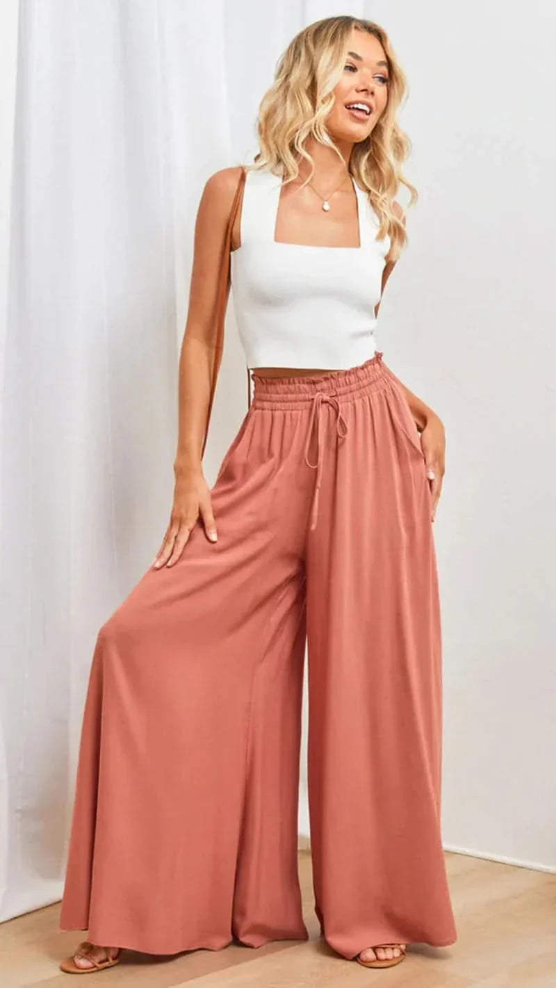 Women’s High Waist Wide Leg Pants with Drawstring and Flowing Fit