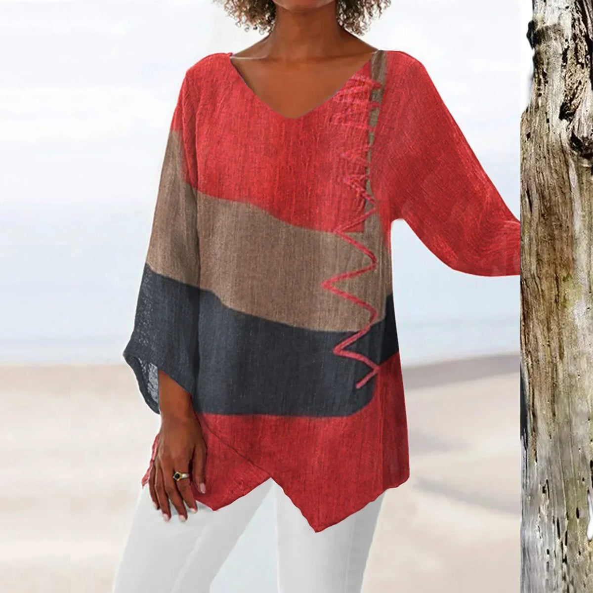 Women's V-Neck Color Block Blouse with Loose Fit