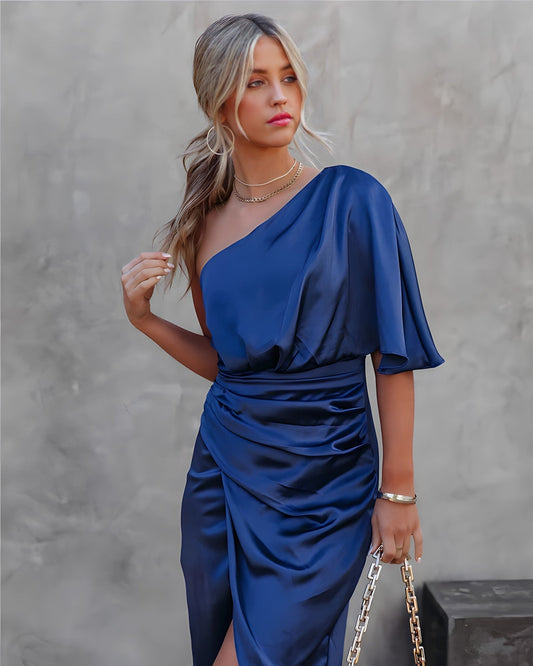 Women’s One Shoulder Satin Wrap Elegant Midi Party Dress