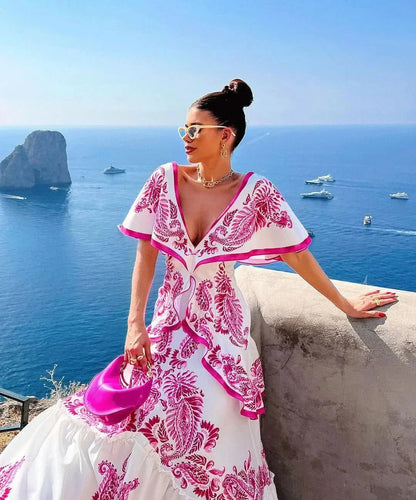 Women’s Floral Ruffle V Neck Elegant Flowing Maxi Dress