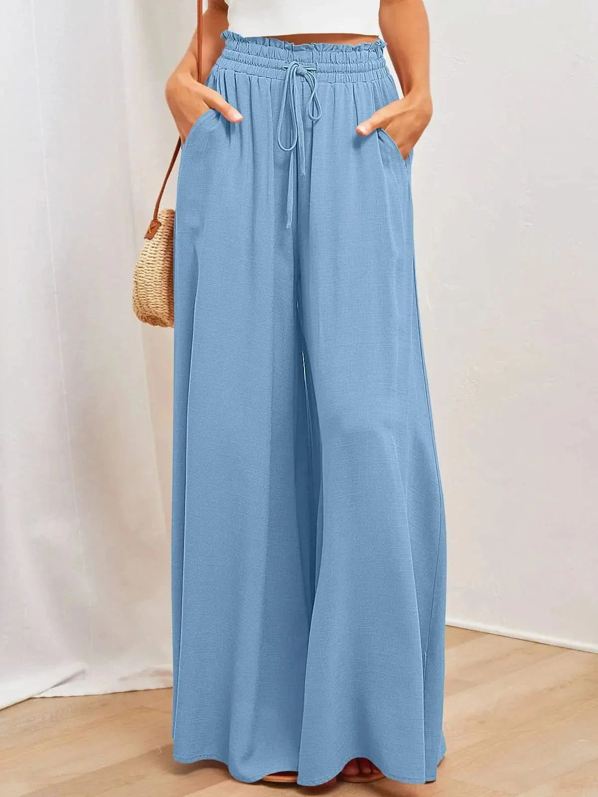Women’s High Waist Wide Leg Pants with Drawstring and Flowing Fit