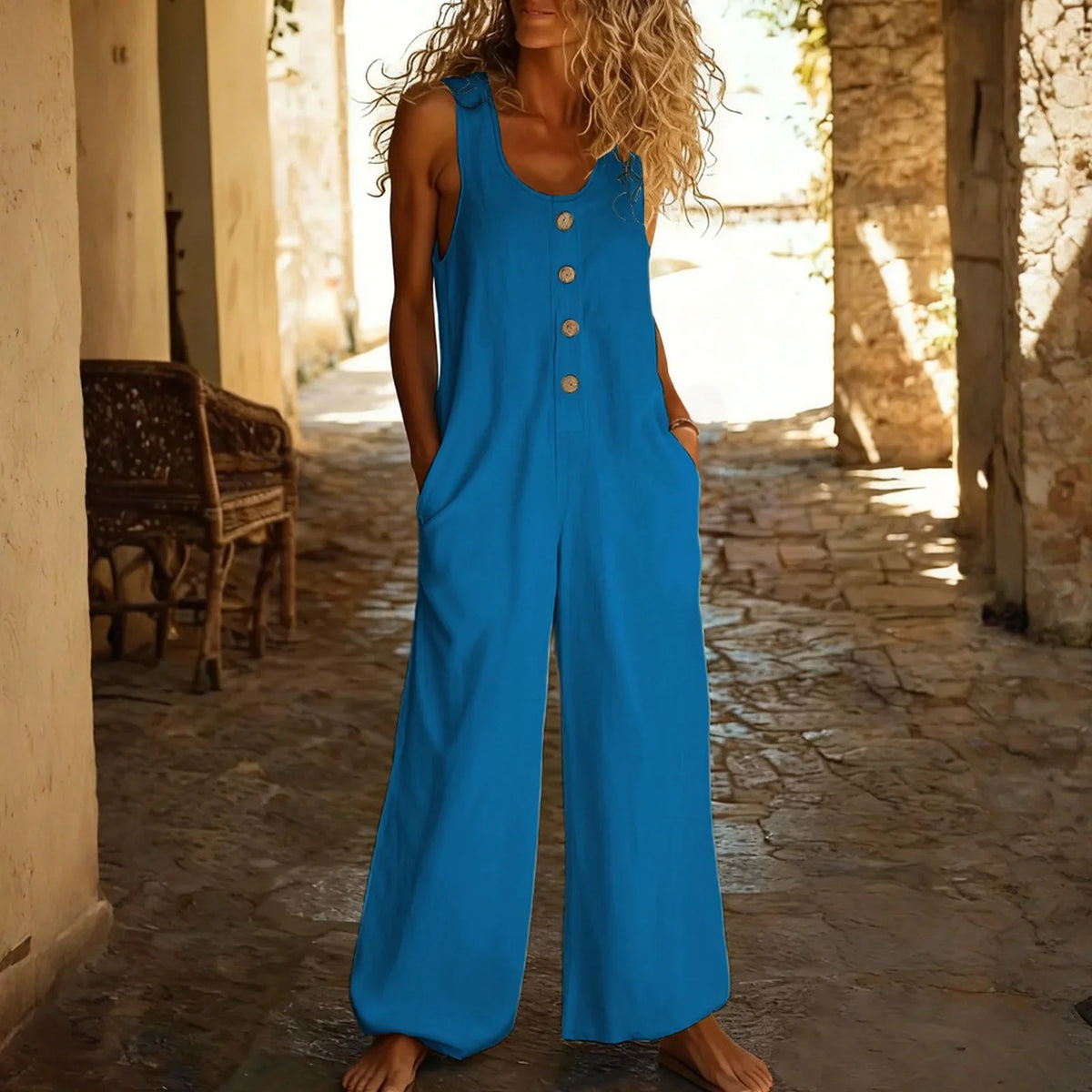 Women's Sleeveless Wide Leg Jumpsuit with Button Front