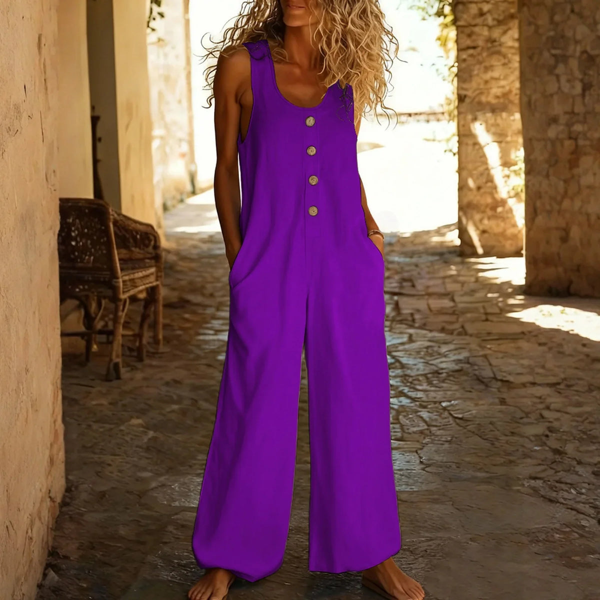 Women's Sleeveless Wide Leg Jumpsuit with Button Front
