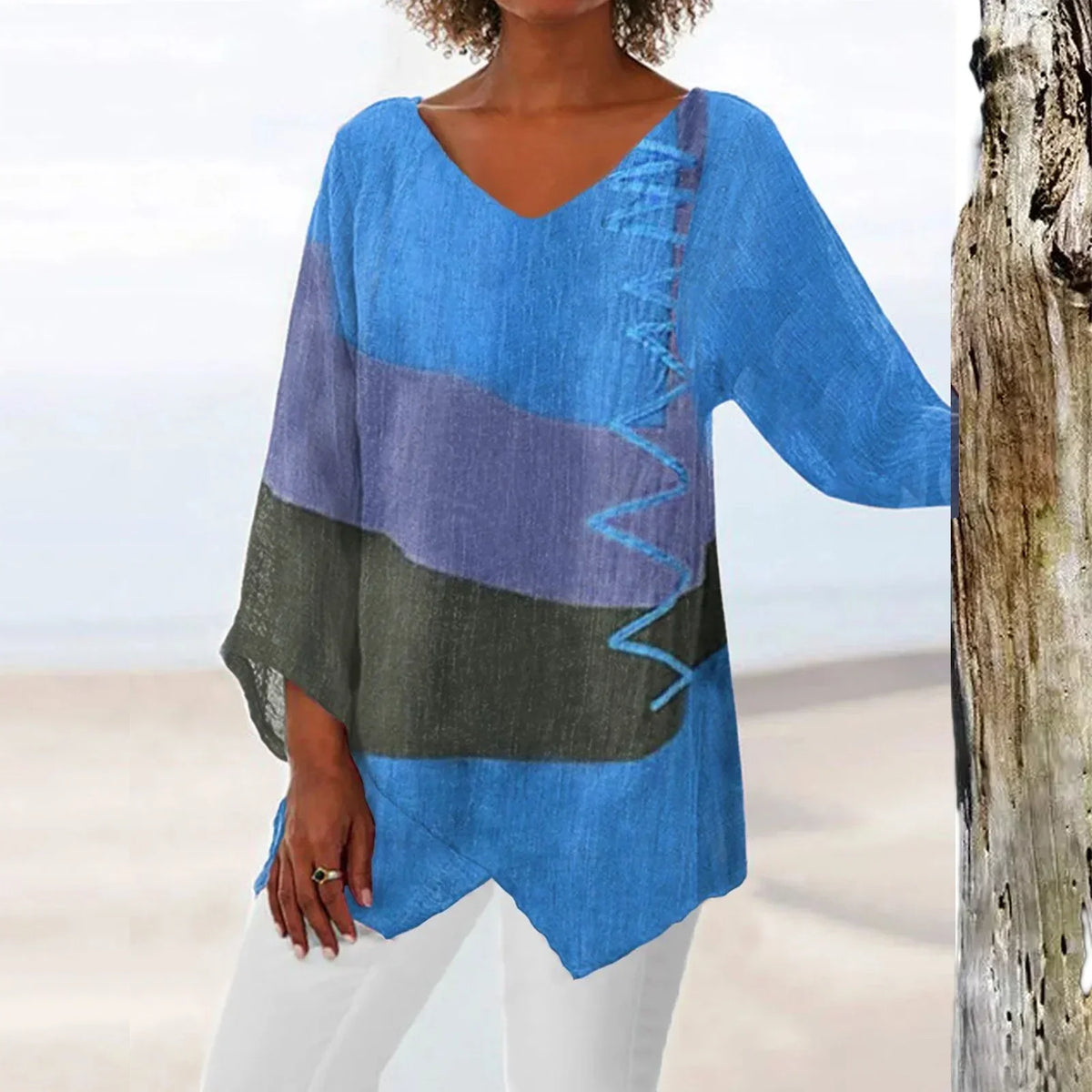 Women's V-Neck Color Block Blouse with Loose Fit