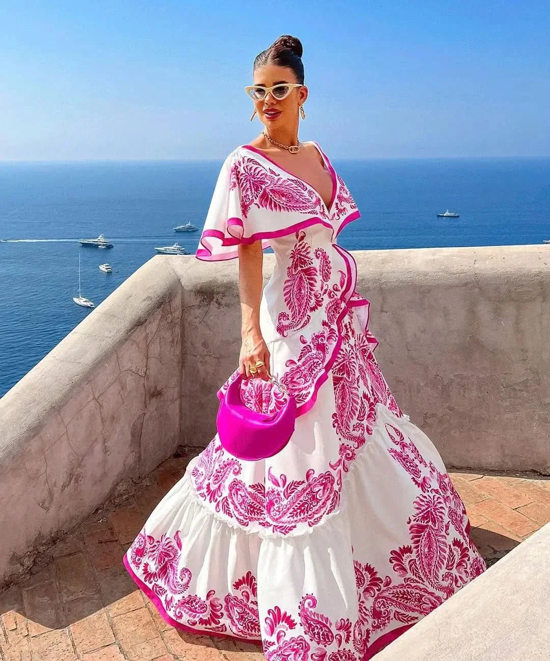 Women’s Floral Ruffle V Neck Elegant Flowing Maxi Dress